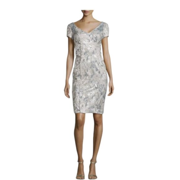 THEIA Brocade Design Metallic Silver Gray Floral Cocktail Dress Size 8 NWOT